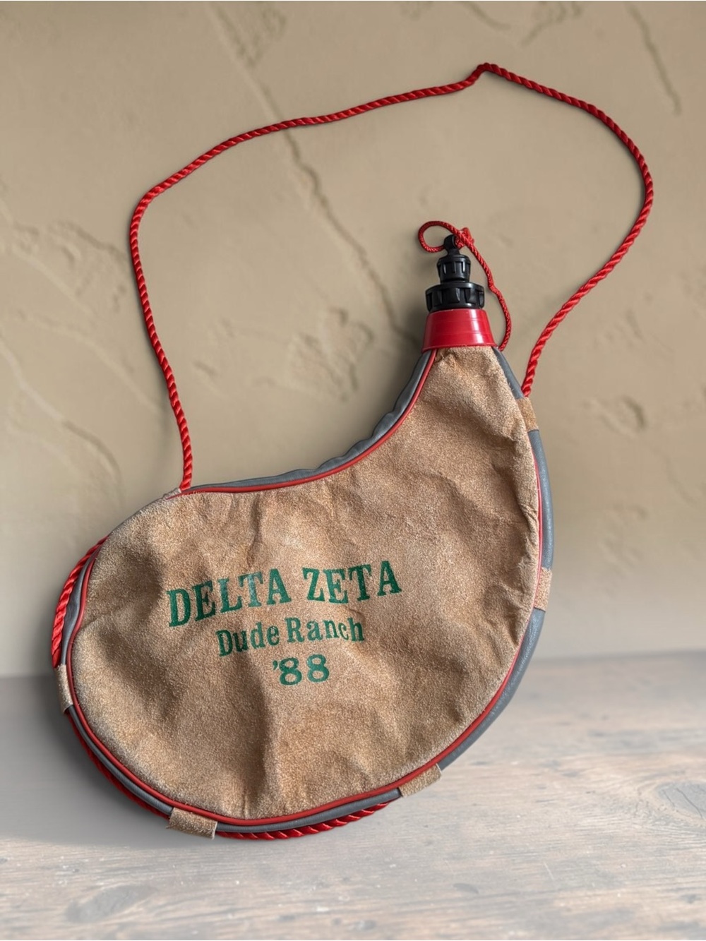 Delta Zeta '88 Kids Brown Suede Canteen Bag with Red Trim